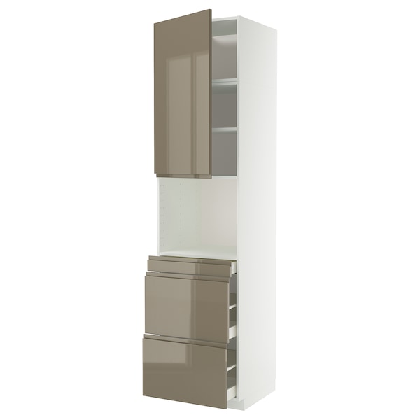 METOD / MAXIMERA - Hi cab f micro combi w door/3 drwrs, white/Voxtorp high-gloss dark grey-brown, 60x60x240 cm