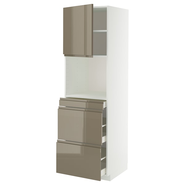 METOD / MAXIMERA - Hi cab f micro combi w door/3 drwrs, white/Voxtorp high-gloss dark grey-brown, 60x60x200 cm