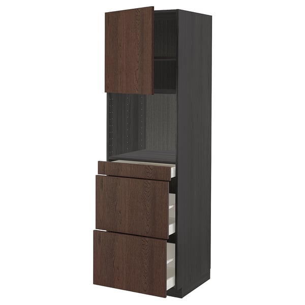 METOD / MAXIMERA - Hi cab f micro combi w door/3 drwrs, black/Sinarp brown , 60x60x200 cm