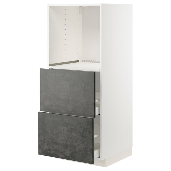 METOD / MAXIMERA High cabinet/2 drawers for oven - white/Kalhyttan cement effect dark grey 60x60x140 cm , 60x60x140 cm