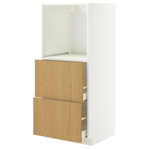 METOD / MAXIMERA high cabinet w 2 drawers for oven, white/Sinarp oak veneer, 60x60x140 cm