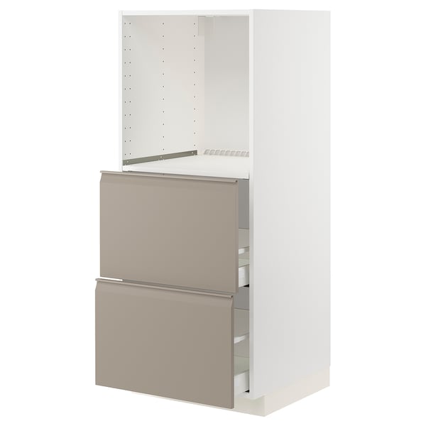 METOD / MAXIMERA high cabinet w 2 drawers for oven, white/Upplöv matt dark beige, 60x60x140 cm