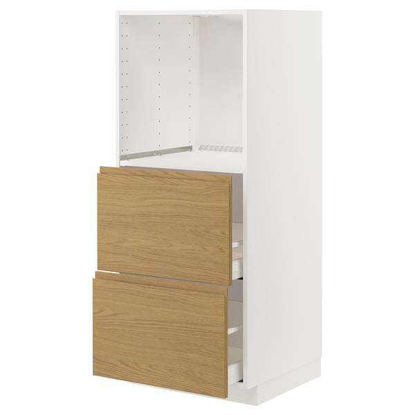 METOD / MAXIMERA high cabinet w 2 drawers for oven, white/Voxtorp oak effect, 60x60x140 cm