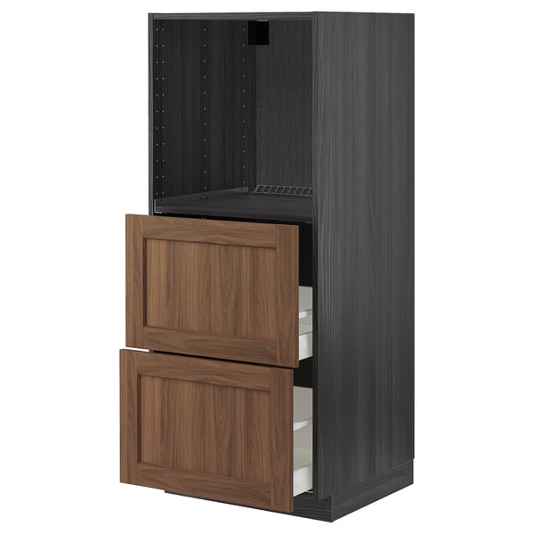 METOD / MAXIMERA high cabinet w 2 drawers for oven, black Enköping/brown walnut effect, 60x60x140 cm