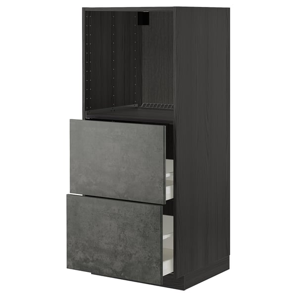 METOD / MAXIMERA high cabinet w 2 drawers for oven, black/Kalhyttan dark grey concrete effect, 60x60x140 cm