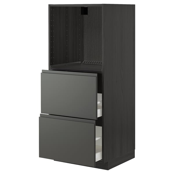 METOD / MAXIMERA high cabinet w 2 drawers for oven, black/Voxtorp dark grey, 60x60x140 cm