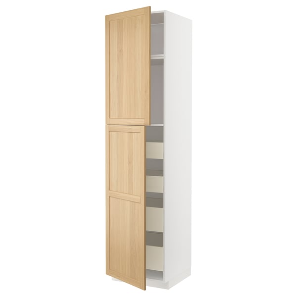 METOD / MAXIMERA hi cab w 2 doors/4 drawers, white/Forsbacka oak, 60x60x240 cm
