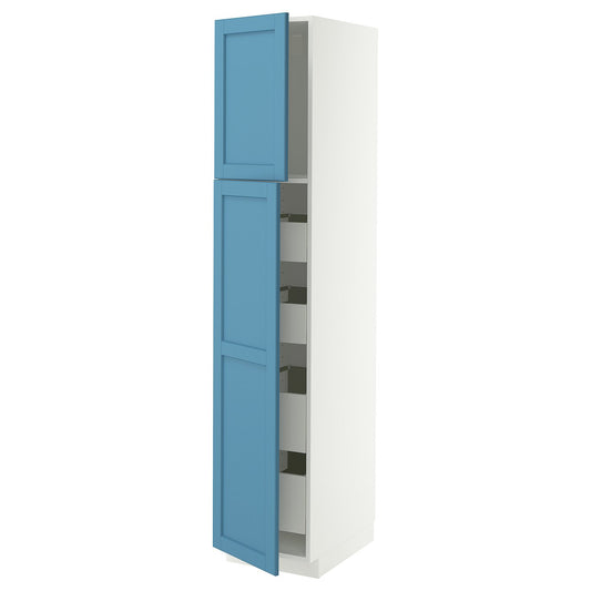 METOD / MAXIMERA hi cab w 2 doors/4 drawers, white/Lerhyttan blue, 40x60x200 cm