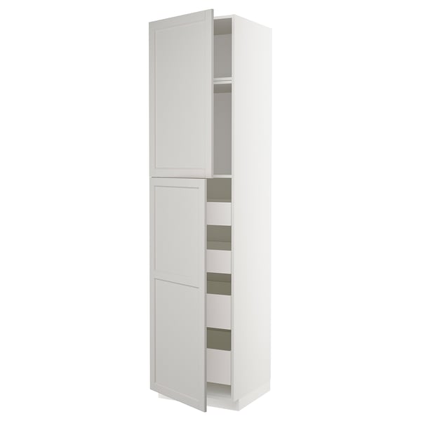 METOD / MAXIMERA hi cab w 2 doors/4 drawers, white/Lerhyttan light grey, 60x60x240 cm