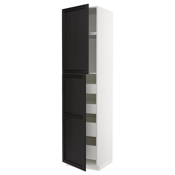 METOD / MAXIMERA hi cab w 2 doors/4 drawers, white/Lerhyttan black stained, 60x60x240 cm