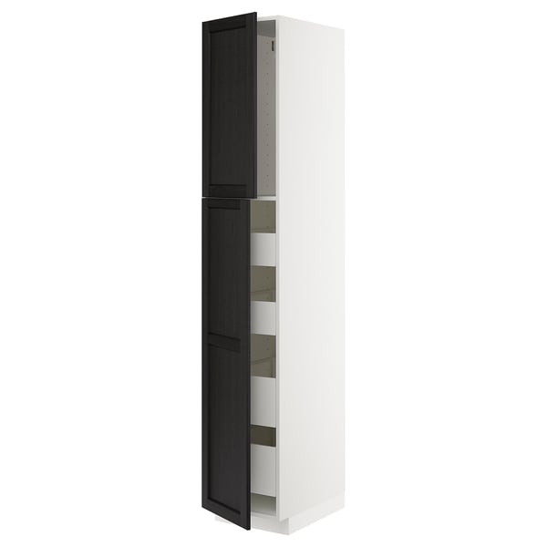 METOD / MAXIMERA hi cab w 2 doors/4 drawers, white/Lerhyttan black stained, 40x60x220 cm