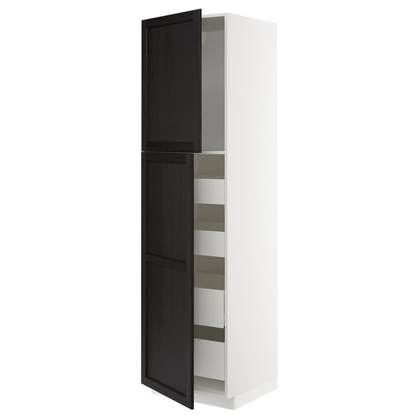 METOD / MAXIMERA hi cab w 2 doors/4 drawers, white/Lerhyttan black stained, 60x60x220 cm