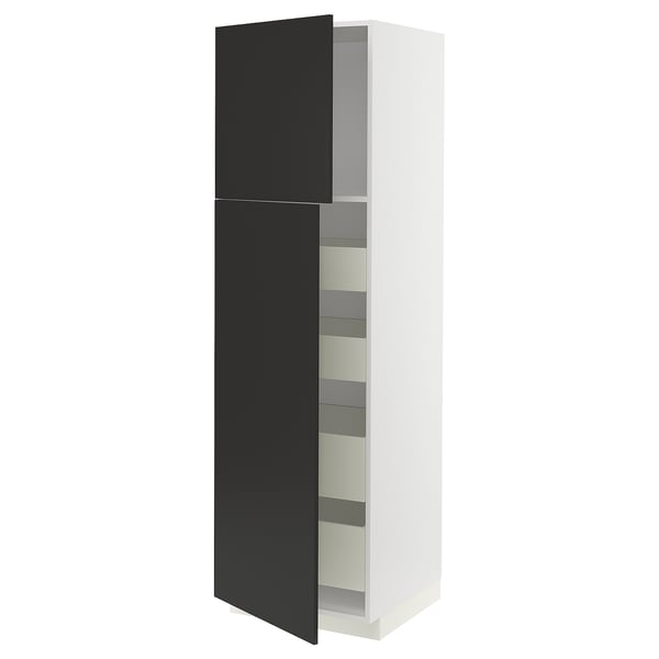 METOD / MAXIMERA - Hi cab w 2 doors/4 drawers, white/Nickebo matt anthracite , 60x60x200 cm