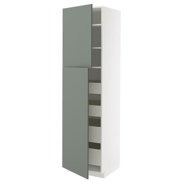METOD / MAXIMERA - Hi cab w 2 doors/4 drawers, white/Nickebo matt grey-green, 60x60x220 cm
