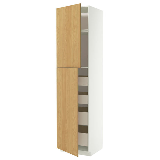 METOD / MAXIMERA hi cab w 2 doors/4 drawers, white/Sinarp oak veneer, 60x60x240 cm