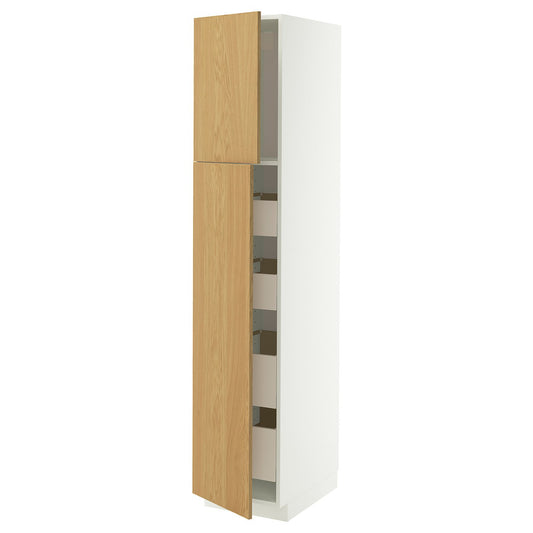 METOD / MAXIMERA hi cab w 2 doors/4 drawers, white/Sinarp oak veneer, 40x60x200 cm