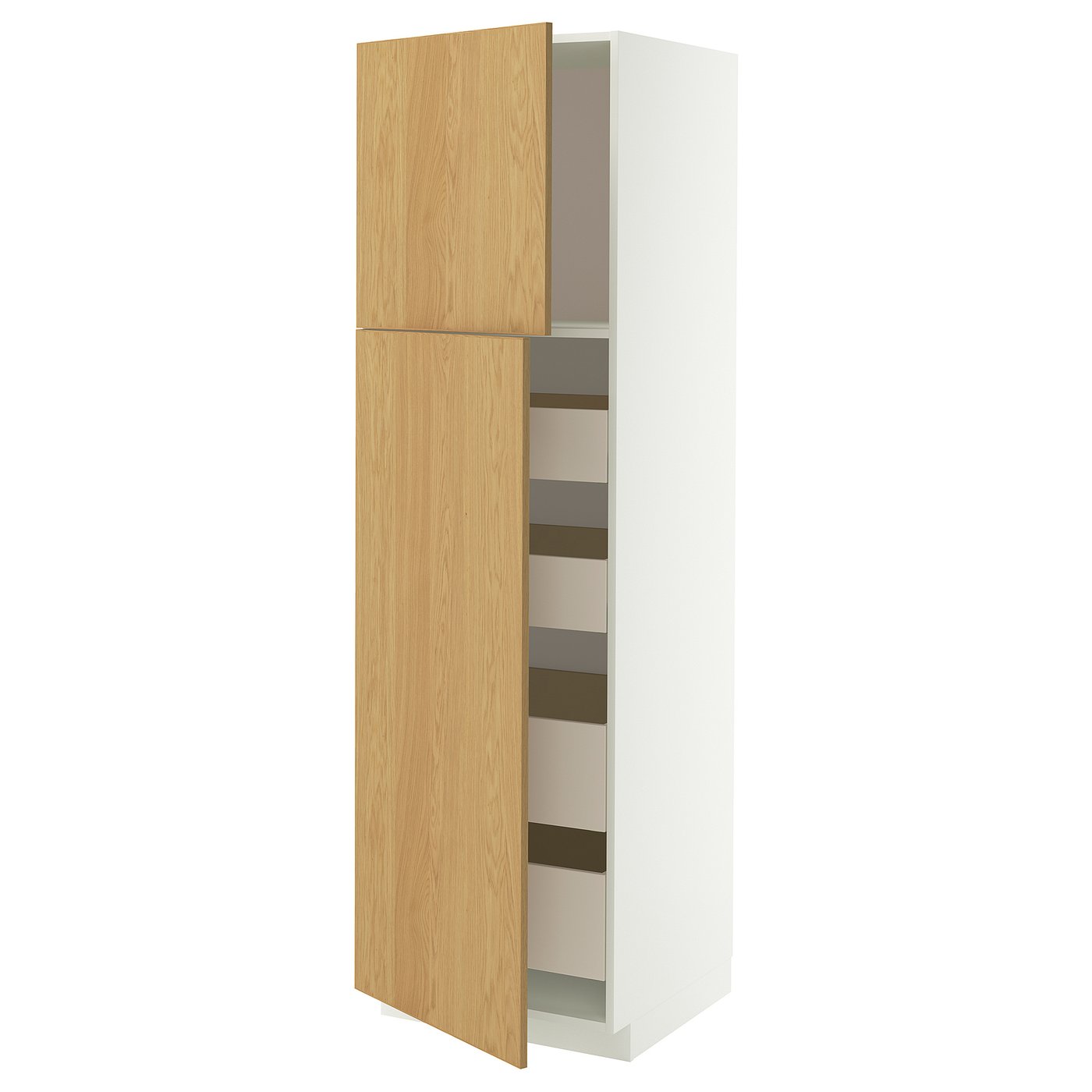 METOD / MAXIMERA hi cab w 2 doors/4 drawers, white/Sinarp oak veneer, 60x60x200 cm