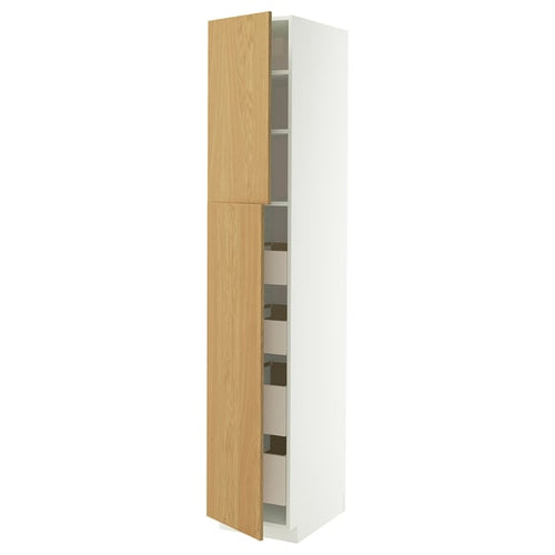 METOD / MAXIMERA hi cab w 2 doors/4 drawers, white/Sinarp oak veneer, 40x60x220 cm
