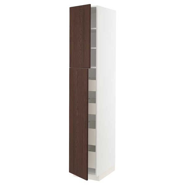 METOD / MAXIMERA hi cab w 2 doors/4 drawers, white/Sinarp brown, 40x60x220 cm
