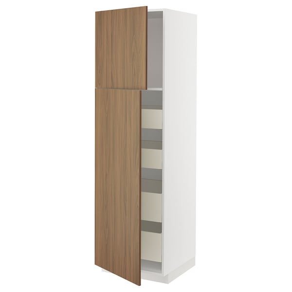 METOD / MAXIMERA hi cab w 2 doors/4 drawers, white/Tistorp brown walnut effect, 60x60x200 cm