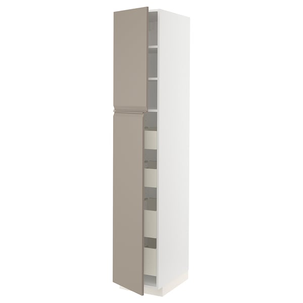 METOD / MAXIMERA - Hi cab w 2 doors/4 drawers, white/Upplöv matt dark beige , 40x60x220 cm