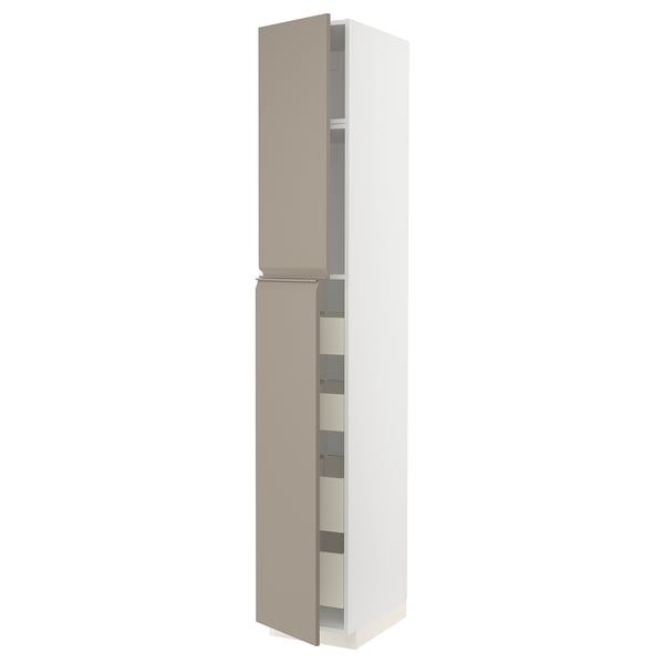 METOD / MAXIMERA hi cab w 2 doors/4 drawers, white/Upplöv matt dark beige, 40x60x240 cm