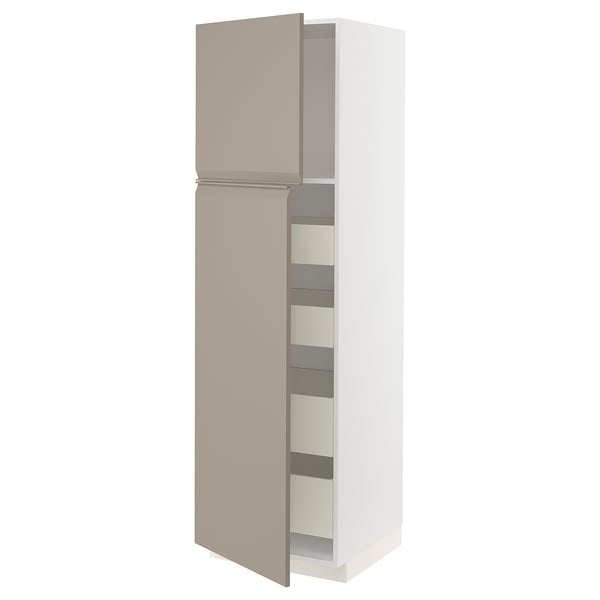METOD / MAXIMERA - METOD / MAXIMERA Hi cab w 2 doors/4 drawers, white/Upplöv matt dark beige, 60x60x200 cm