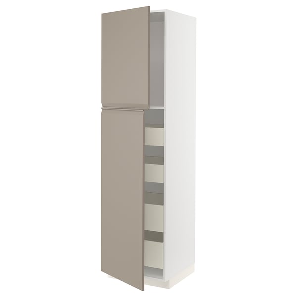 METOD / MAXIMERA - Hi cab w 2 doors/4 drawers, white/Upplöv matt dark beige, 60x60x220 cm