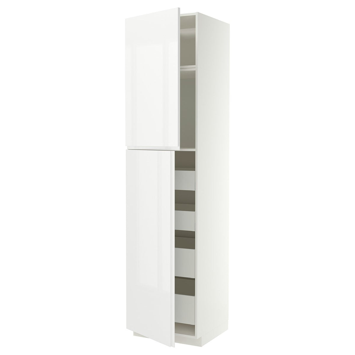 METOD / MAXIMERA hi cab w 2 doors/4 drawers, white/VOXTORP high-gloss white vertical handle, 60x60x240 cm