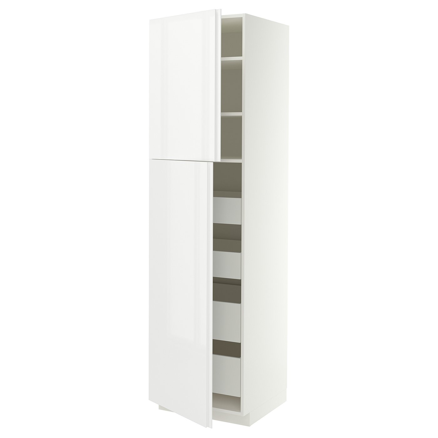 METOD / MAXIMERA hi cab w 2 doors/4 drawers, white/VOXTORP high-gloss white vertical handle, 60x60x220 cm