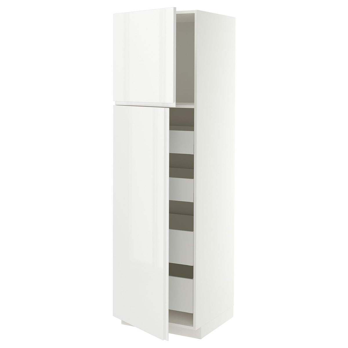 METOD / MAXIMERA hi cab w 2 doors/4 drawers, white/VOXTORP high-gloss white vertical handle, 60x60x200 cm