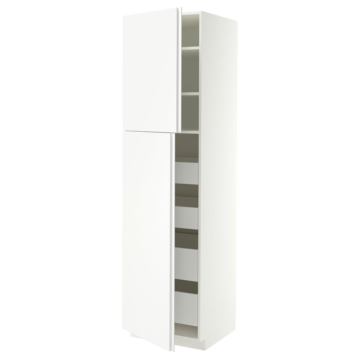 METOD / MAXIMERA hi cab w 2 doors/4 drawers, white/VOXTORP matt white vertical handle, 60x60x220 cm