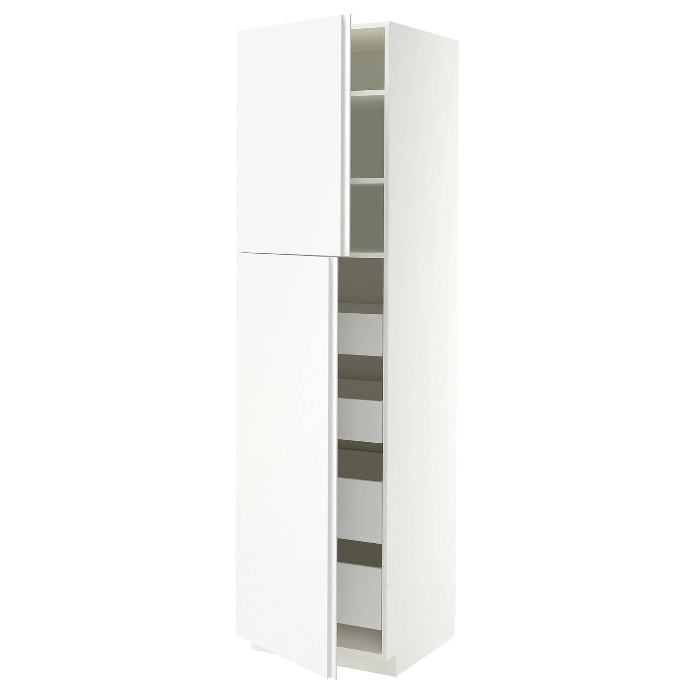 METOD / MAXIMERA hi cab w 2 doors/4 drawers, white/VOXTORP matt white vertical handle, 60x60x220 cm