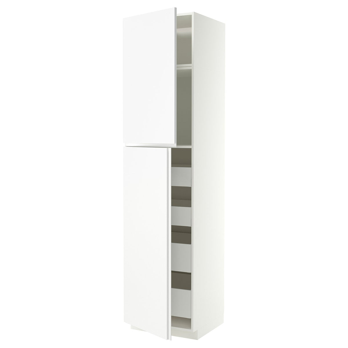 METOD / MAXIMERA hi cab w 2 doors/4 drawers, white/VOXTORP matt white vertical handle, 60x60x240 cm