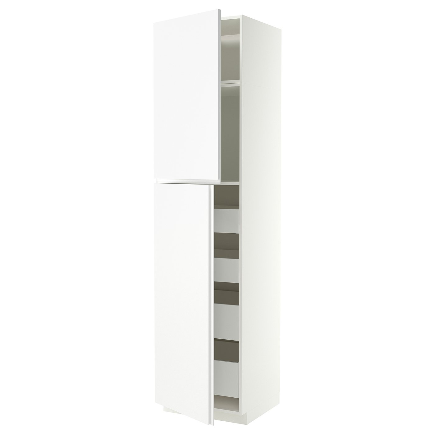 METOD / MAXIMERA hi cab w 2 doors/4 drawers, white/VOXTORP matt white vertical handle, 60x60x240 cm