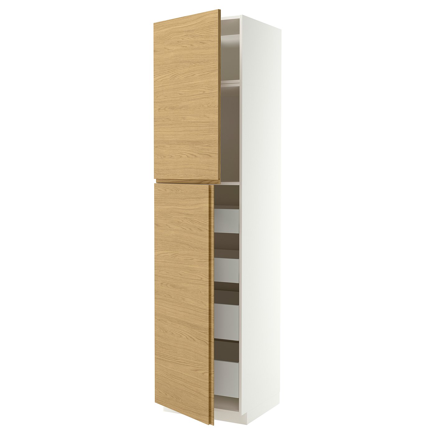 METOD / MAXIMERA hi cab w 2 doors/4 drawers, white/VOXTORP oak effect vertical handle, 60x60x240 cm
