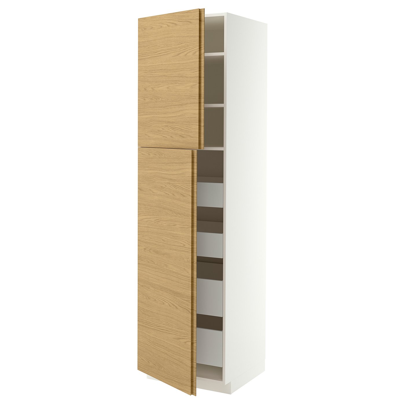 METOD / MAXIMERA hi cab w 2 doors/4 drawers, white/VOXTORP oak effect vertical handle, 60x60x220 cm