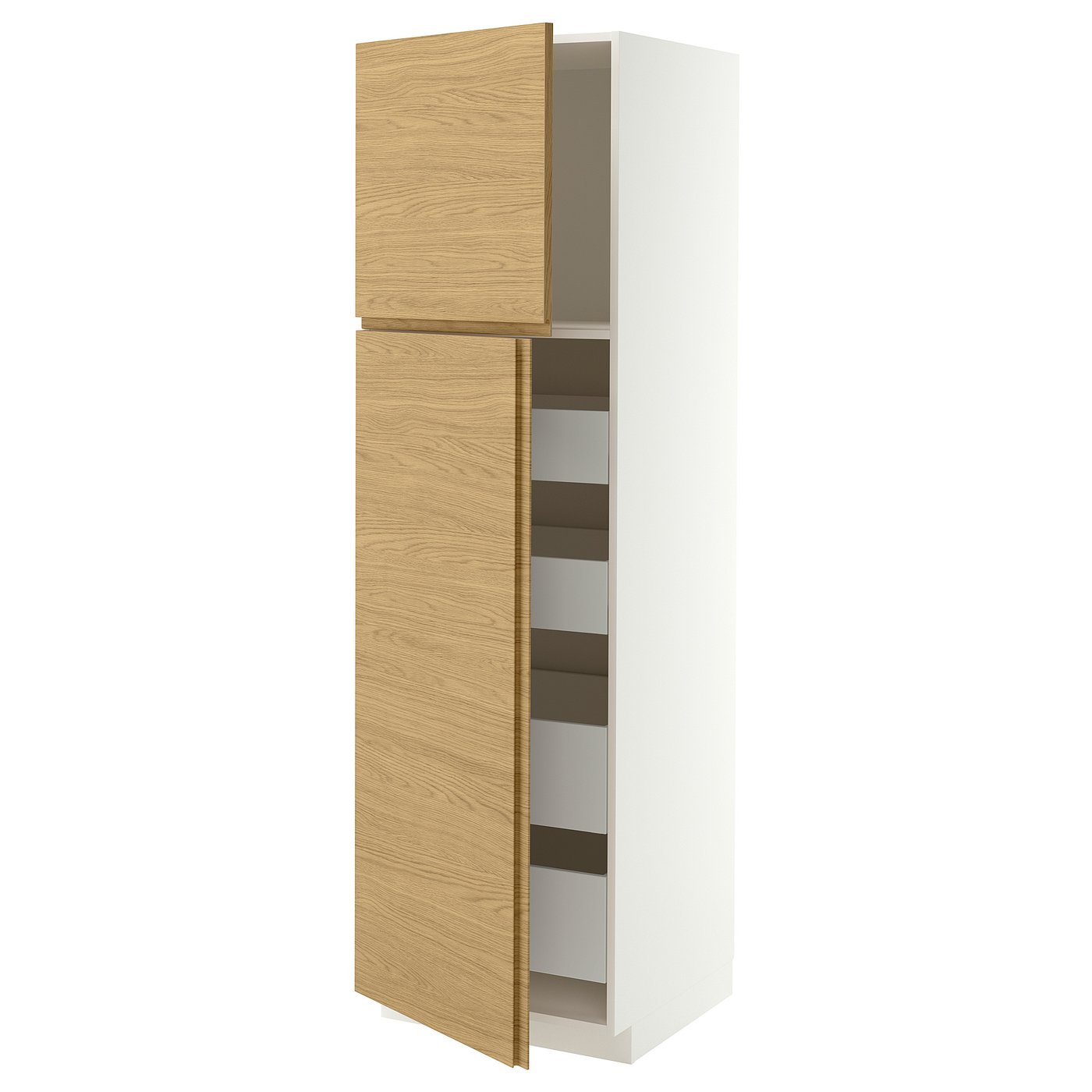 METOD / MAXIMERA hi cab w 2 doors/4 drawers, white/VOXTORP oak effect vertical handle, 60x60x200 cm