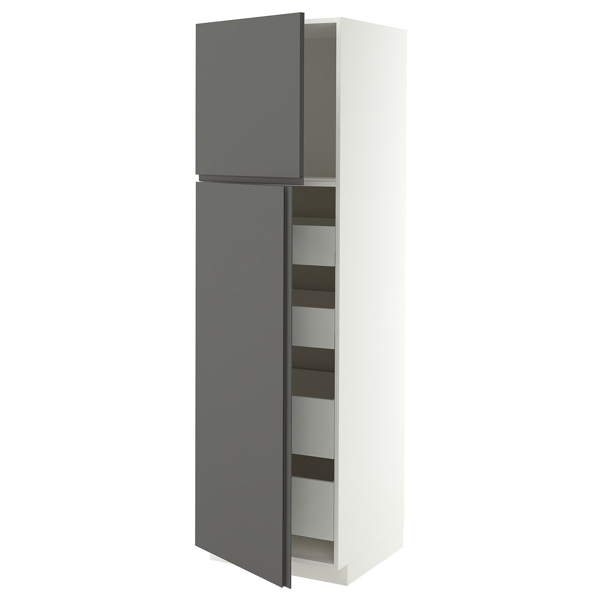 METOD / MAXIMERA hi cab w 2 doors/4 drawers, white/VOXTORP dark grey vertical handle, 60x60x200 cm
