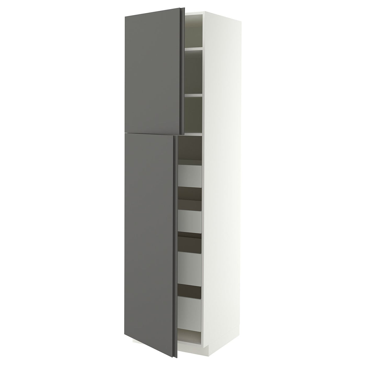 METOD / MAXIMERA hi cab w 2 doors/4 drawers, white/VOXTORP dark grey vertical handle, 60x60x220 cm