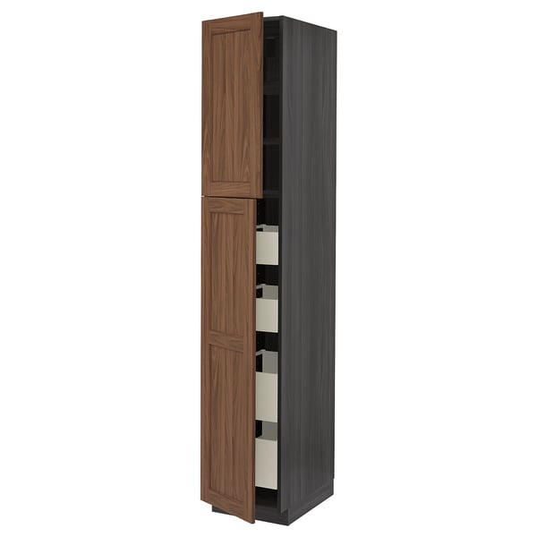 METOD / MAXIMERA - METOD / MAXIMERA Hi cab w 2 doors/4 drawers, black Enköping/brown walnut effect, 40x60x220 cm