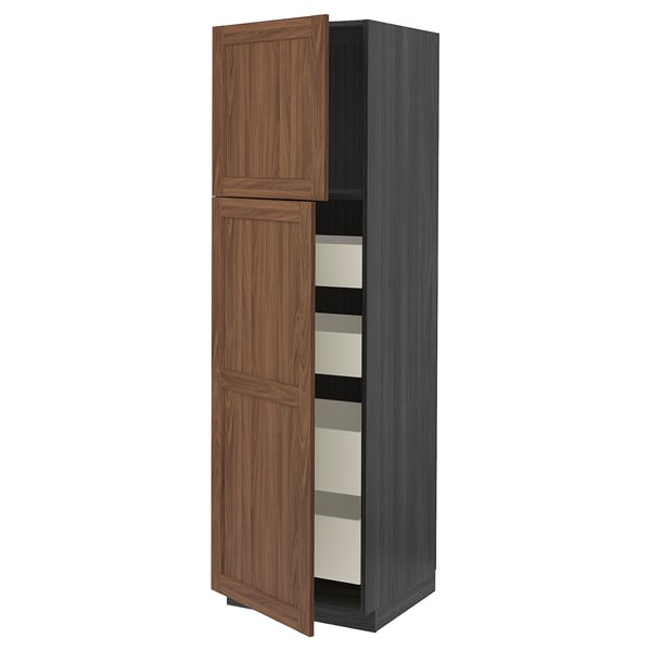 METOD / MAXIMERA - METOD / MAXIMERA Hi cab w 2 doors/4 drawers, black Enköping/brown walnut effect, 60x60x200 cm