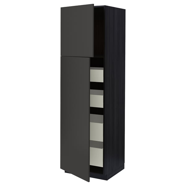 METOD / MAXIMERA - METOD / MAXIMERA Hi cab w 2 doors/4 drawers, black/Nickebo matt anthracite, 60x60x200 cm
