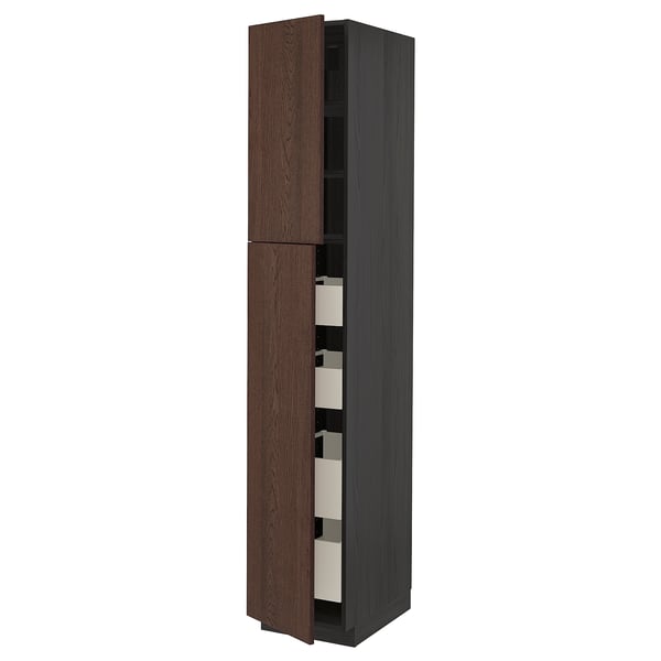 METOD / MAXIMERA - Hi cab w 2 doors/4 drawers, black/Sinarp brown , 40x60x220 cm