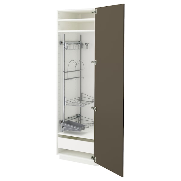 METOD / MAXIMERA - Tall cabinet with cleaning accessories, white/Havstorp brown-beige,60x60x200 cm