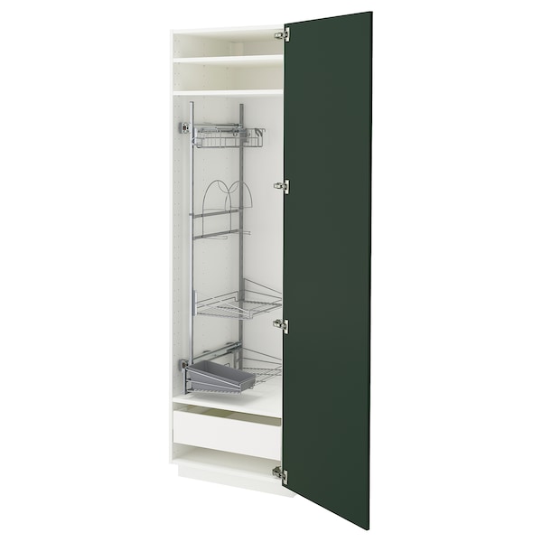 METOD / MAXIMERA - Tall cabinet with cleaning accessories, white/Havstorp deep green,60x60x200 cm