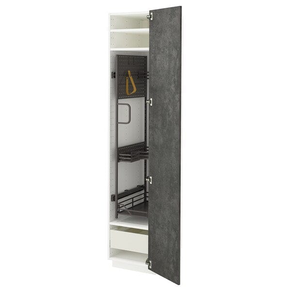 Ikea METOD / MAXIMERA - Tall cabinet with cleaning accessories, white/Kalhyttan concrete effect dark grey,40x60x200 cm