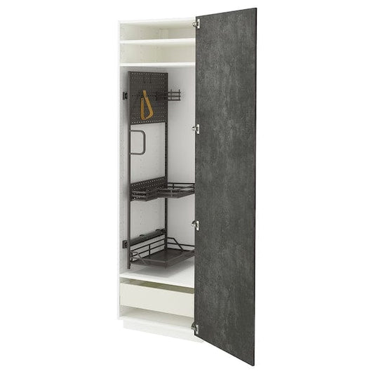 Ikea METOD / MAXIMERA - Tall cabinet with cleaning accessories, white/Kalhyttan concrete effect dark grey,60x60x200 cm