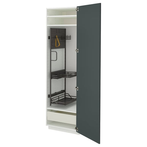 METOD / MAXIMERA high cabinet with cleaning interior, white/Kallarp high-gloss dark grey-green, 60x60x200 cm