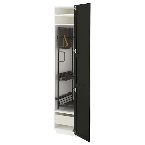 Ikea METOD / MAXIMERA - Tall cabinet with cleaning accessories, white/Lerhyttan stained black,40x60x200 cm